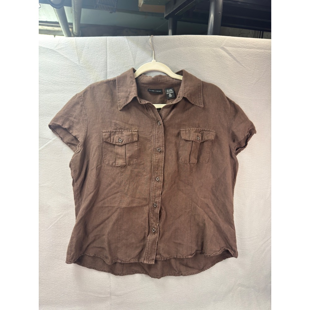 NY&C Brown Linen Blend Utility Button Shirt XL Coastal Casual Workwear